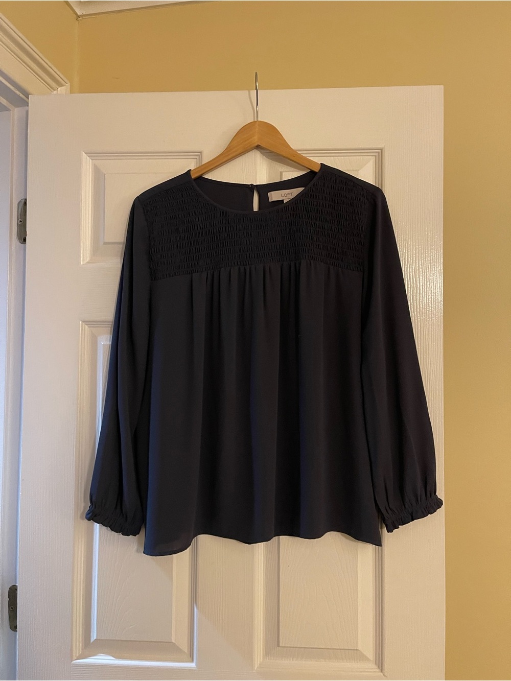 LOFT Navy Smocked Yoke Blouse